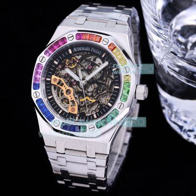 Replica Audemars Piguet Royal Oak Skeleton Dial Rainbow Bezel Watch 41MM